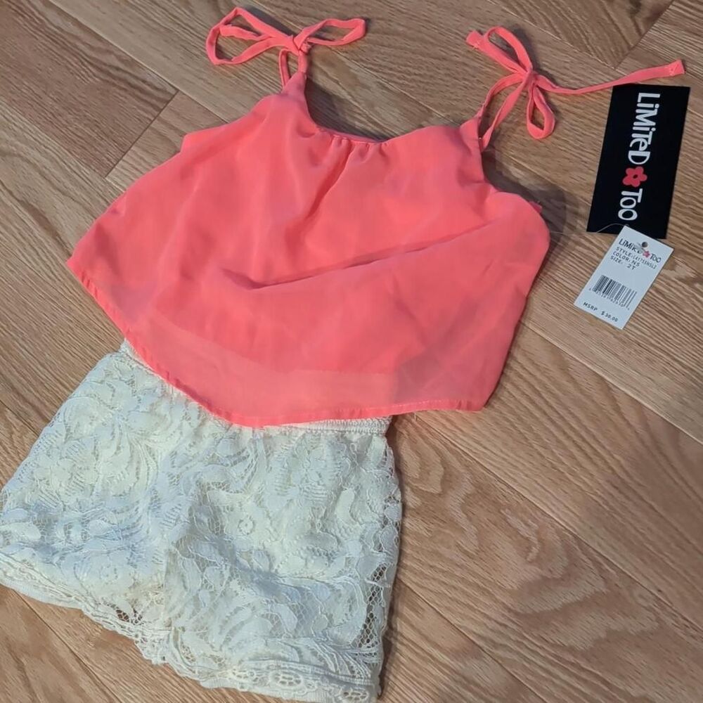 NWT 2T Limited Too cream lace shorts with coral top set